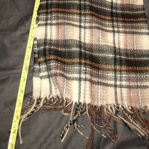 Coshmink tan black cream brown plaid fringe scarf